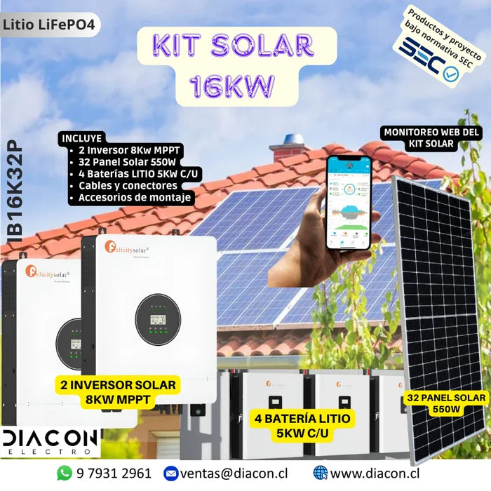 Kit Solar 16Kw y con baterías de litio LiFePO4 20Kw además del monitoreo web por celular