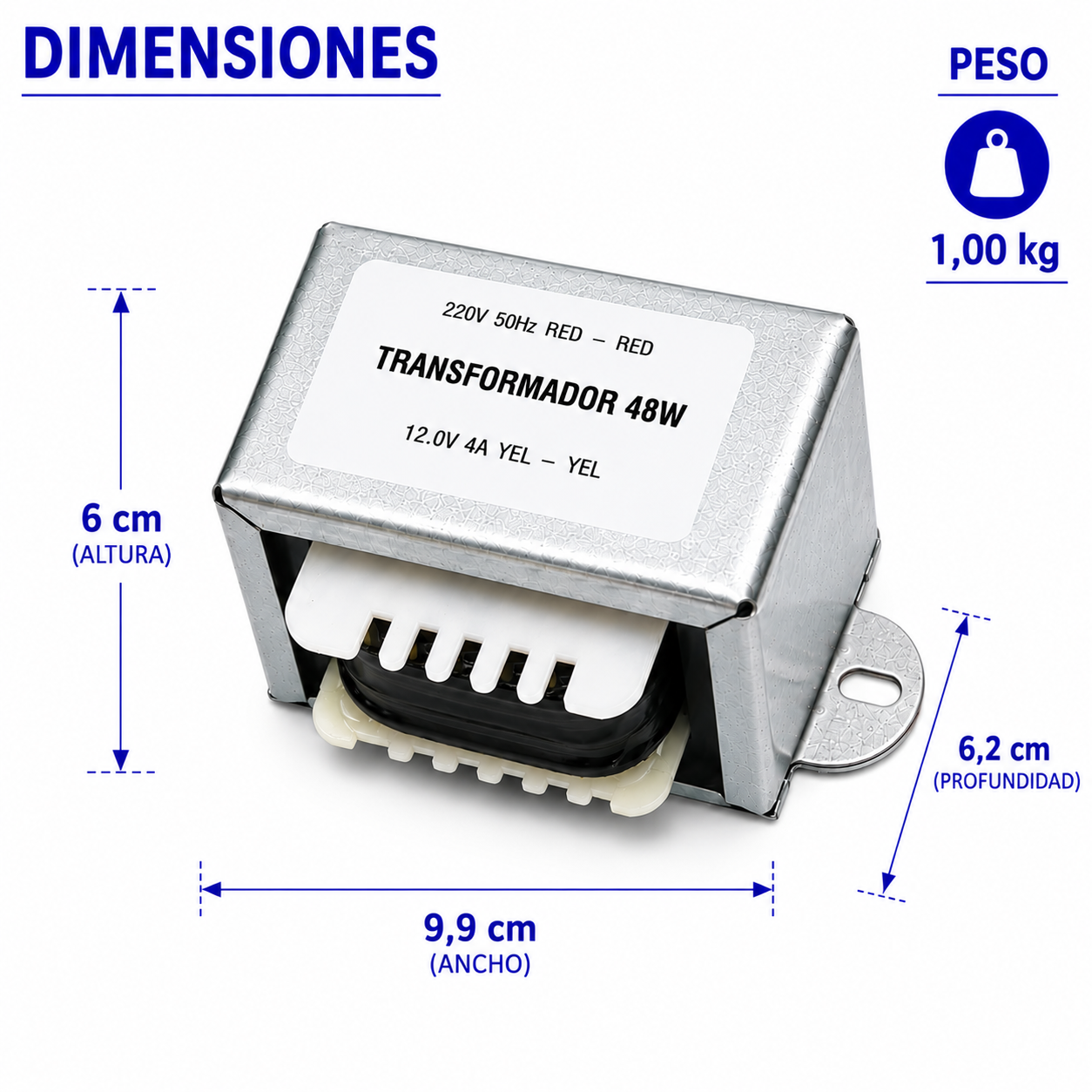 Transformador 220VAC/50Hz a 12VAC 4A 48W