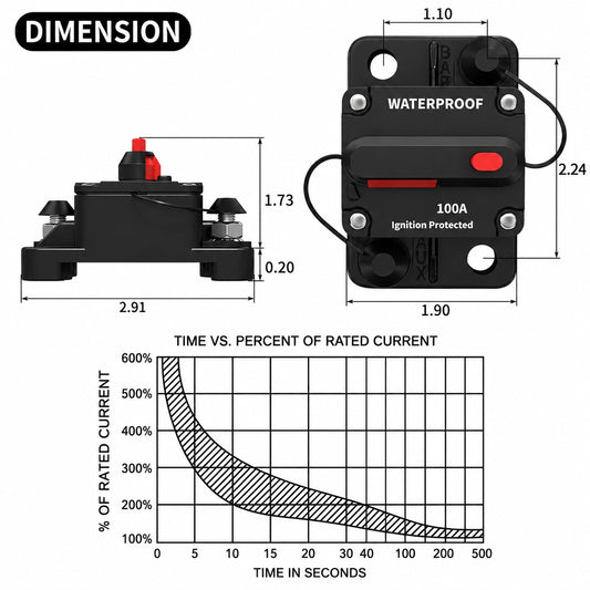 Interruptor de Circuito Marino CB-03 de 100 Amperios, Fusible en Línea de CC 12V 24V