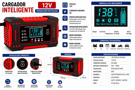 Cargador Inteligente 12V 6A con Reparación por Pulsos
