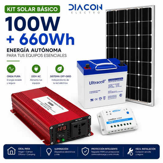 Kit Solar Off Grid 100W con Batería GEL 55Ah e Inversor 1000W
