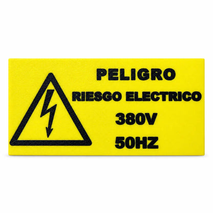 Rótulo Peligro Riesgo Eléctrico 380V 50Hz amarillo con letras negras en relieve