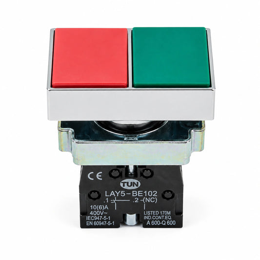 Pulsador Doble Industrial START/STOP Metálico 22 mm – 1NO + 1NC – Verde/Rojo