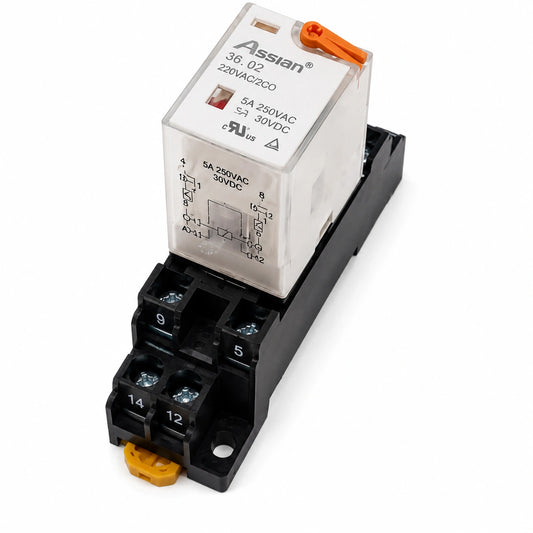 Relé de 2 Contactos Conmutables Bobina 220V con Base Riel DIN