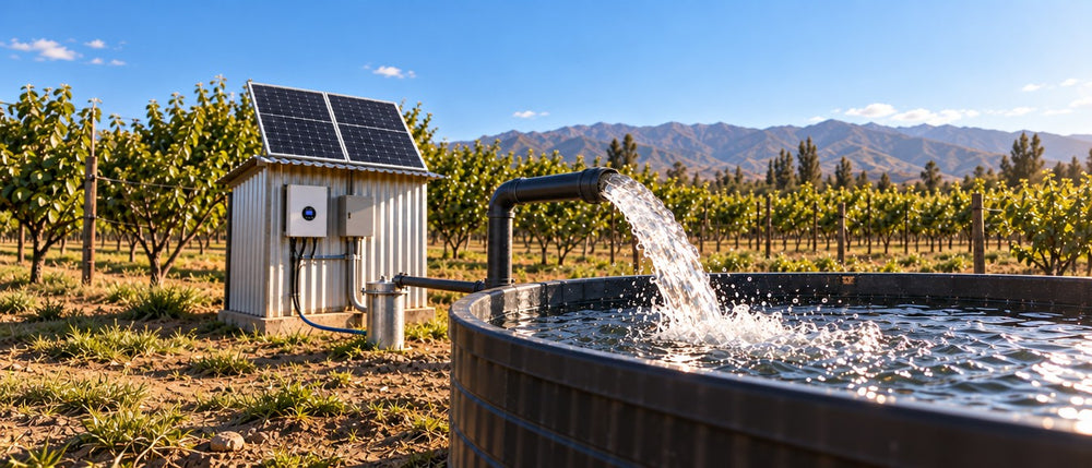 Agua saliendo al estanque con los paneles solares al fondo