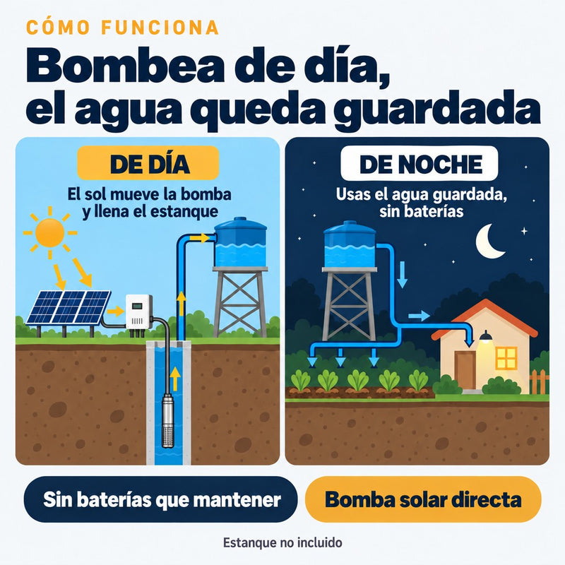 Cómo funciona el bombeo solar sin baterías: de día el sol mueve la bomba y llena el estanque, de noche se usa el agua guardada