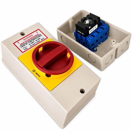 Selector 20A de 4 polos y tipo (on-off) con caja IP65 para candado