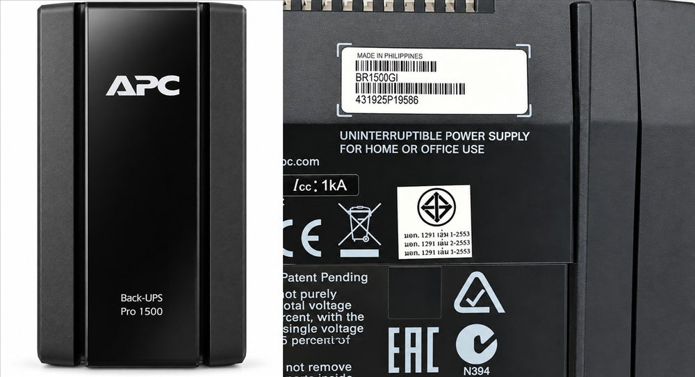UPS APC Back-UPS Pro 1500 de frente y su etiqueta de abajo con el modelo BR1500GI