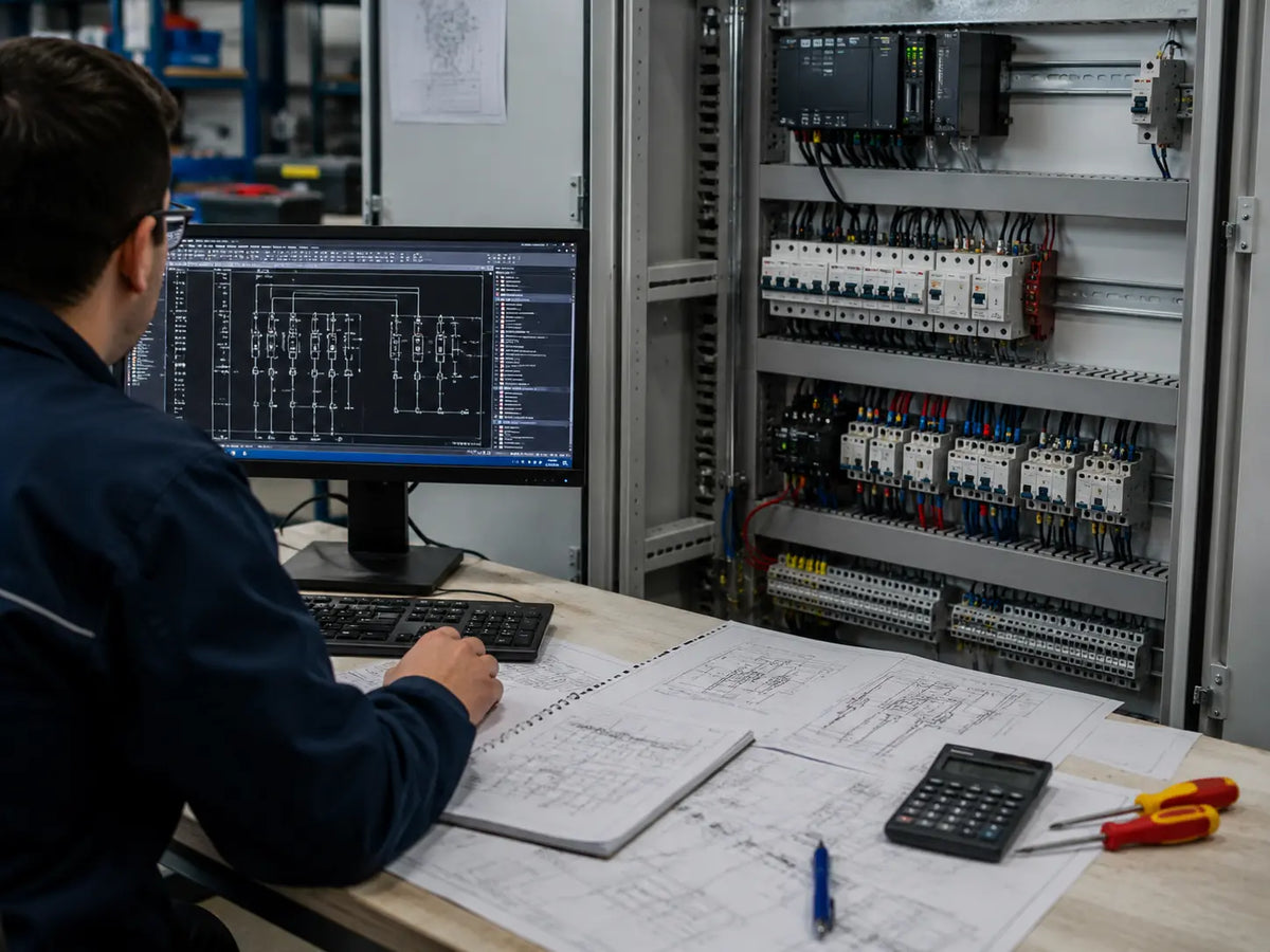 Interior de tablero eléctrico de control con PLC, protecciones, contactores y cableado