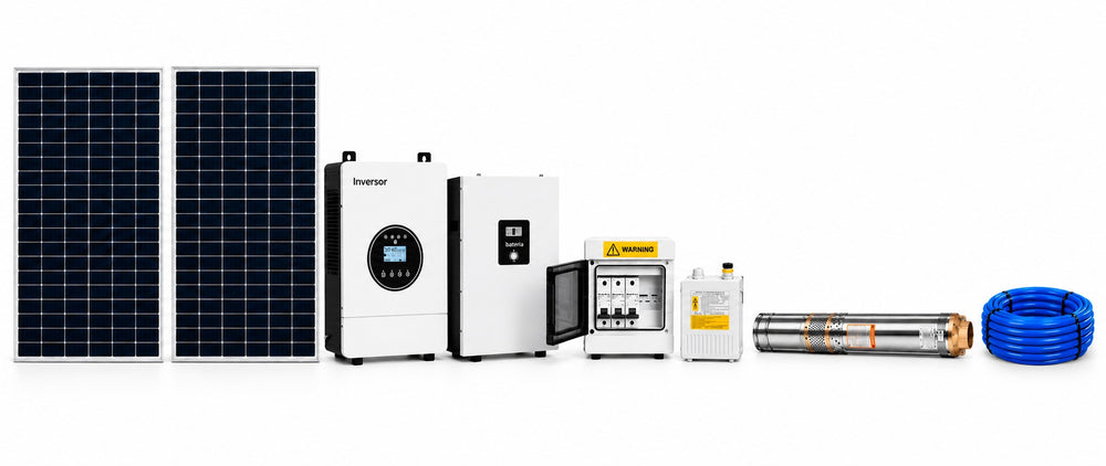 Componentes del kit de bombeo solar con batería de litio: paneles, inversor, batería, tablero de protecciones, caja de control, bomba sumergible y cable