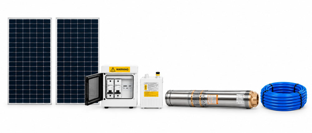 Componentes del kit de bombeo solar directo sin baterías: paneles, tablero de protecciones, caja de control, bomba sumergible y cable solar