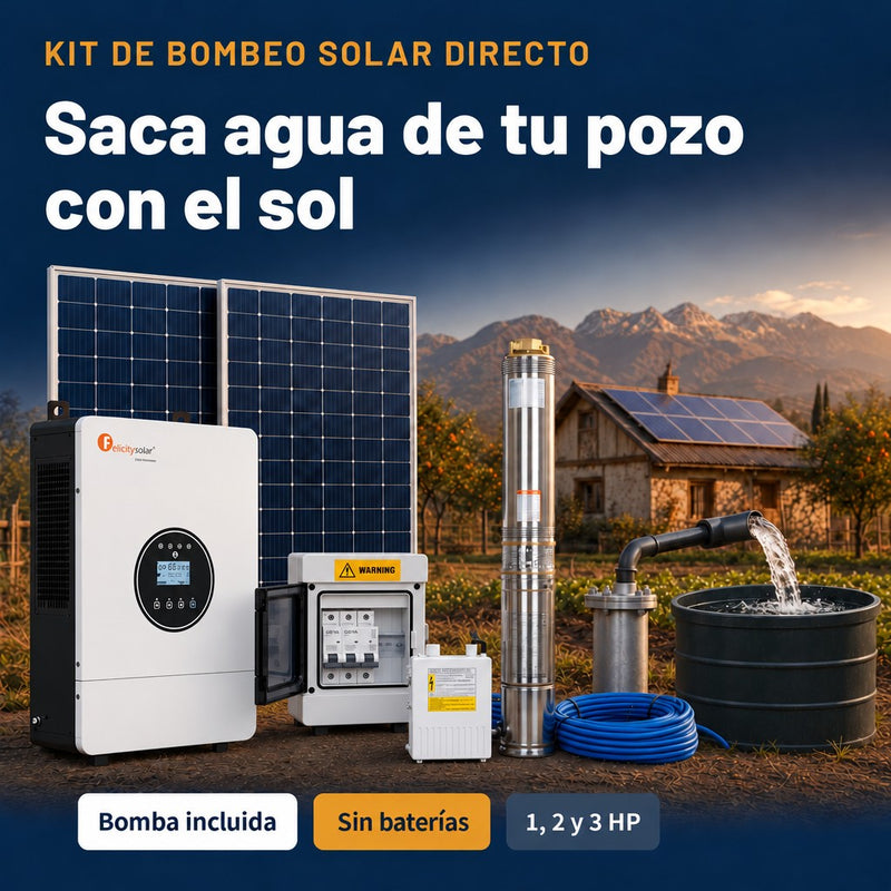 Kit de bombeo solar directo con bomba sumergible incluida, paneles solares, inversor y tablero, sin baterías, para bombas de distintas potencias