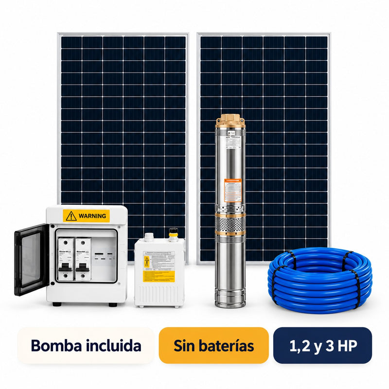 Kit de bombeo solar directo sin baterías, con bomba sumergible incluida, paneles solares y tablero de protecciones, para bombas de distintas potencias