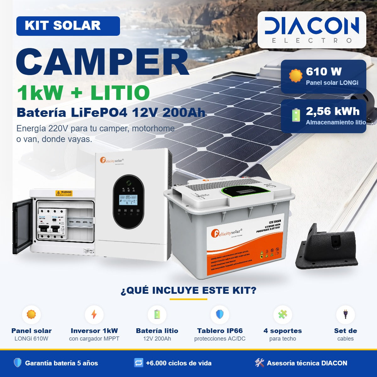 Kit solar camper Diacon Electro con batería de litio LiFePO4 12V 200Ah, inversor 1kW MPPT, panel 610W, tablero IP66 y soportes para techo de motorhome