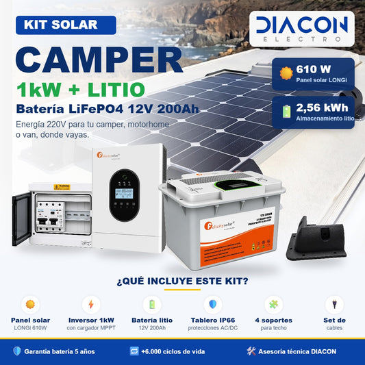 Kit solar camper Diacon Electro con batería de litio LiFePO4 12V 200Ah, inversor 1kW MPPT, panel 610W, tablero IP66 y soportes para techo de motorhome