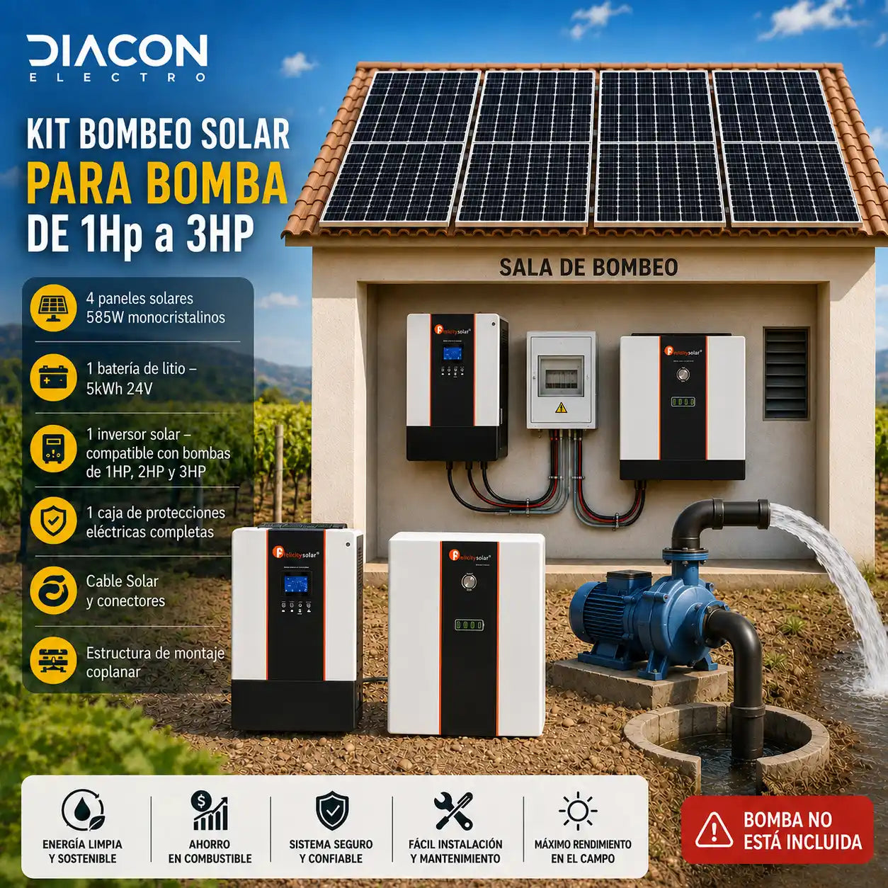 Kit Solar para Bombeo de Agua de 1 HP a 3 HP con Batería de Litio