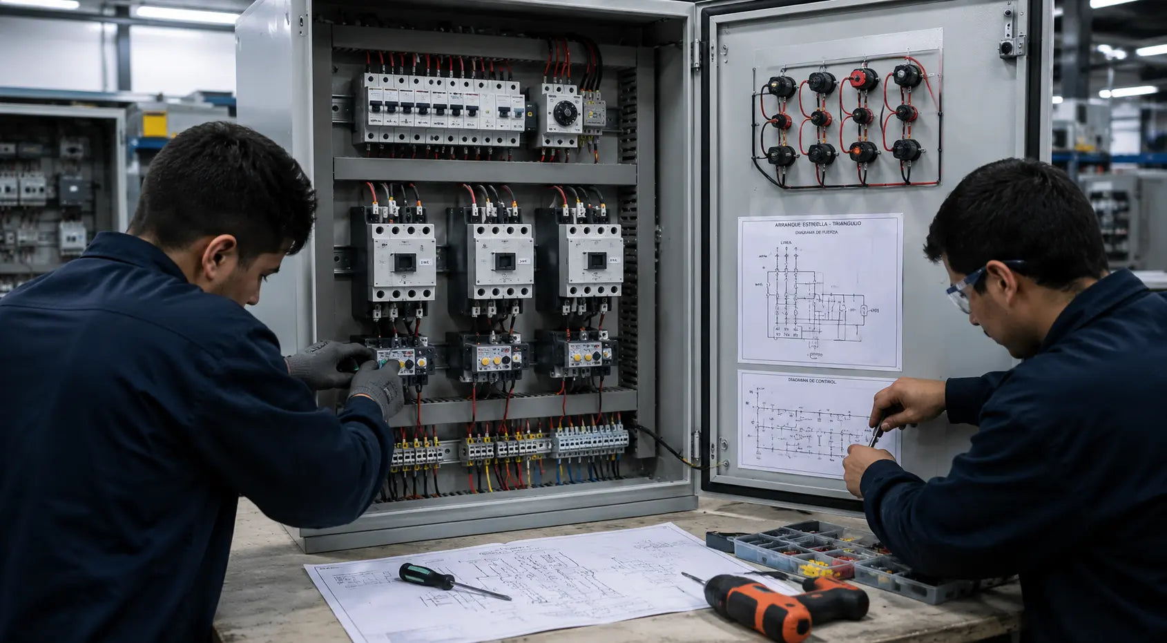 Tablero eléctrico de control industrial con PLC, HMI, variadores y protecciones