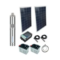 Energía solar: El kit está compuesto por un panel solar de 120W, capaz de suministrar energía suficiente para garantizar el funcionamiento continuo del sistema durante las horas de luz solar. Esto asegura una fuente de energía renovable y sin coste adicional en electricidad. Bomba sumergible de 3 pulgadas: La bomba sumergible de 3” está diseñada específicamente para pozos profundos, con un diámetro reducido para adaptarse a espacios estrechos, lo que la hace versátil y adaptable a diferentes configuraciones de pozo. Altura máxima de bombeo de 55 m.c.a.: Este kit es ideal para pozos con profundidades de hasta 55 metros, asegurando un caudal constante de 0.76 m³/h, ideal para pequeños sistemas de riego o abastecimiento de agua. Instalación sencilla: El kit incluye todos los componentes necesarios para una instalación rápida y eficiente, reduciendo costos adicionales y tiempo de montaje. Además, al ser un sistema autónomo que depende únicamente de la energía solar, no requiere instalaciones eléctricas complejas.